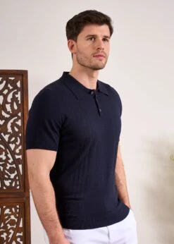 Knighton Luxury Cotton Polo With Pointelle Detail In Dark Navy -Alan Paine Fashion Store Luxury Cotton Polo Shirt Navy 2