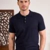 Knighton Luxury Cotton Polo With Pointelle Detail In Dark Navy