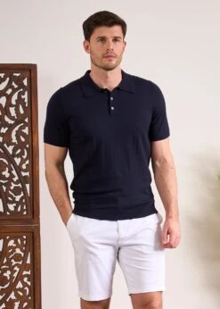 Knighton Luxury Cotton Polo With Pointelle Detail In Dark Navy -Alan Paine Fashion Store Luxury Cotton Polo Shirt Navy 4