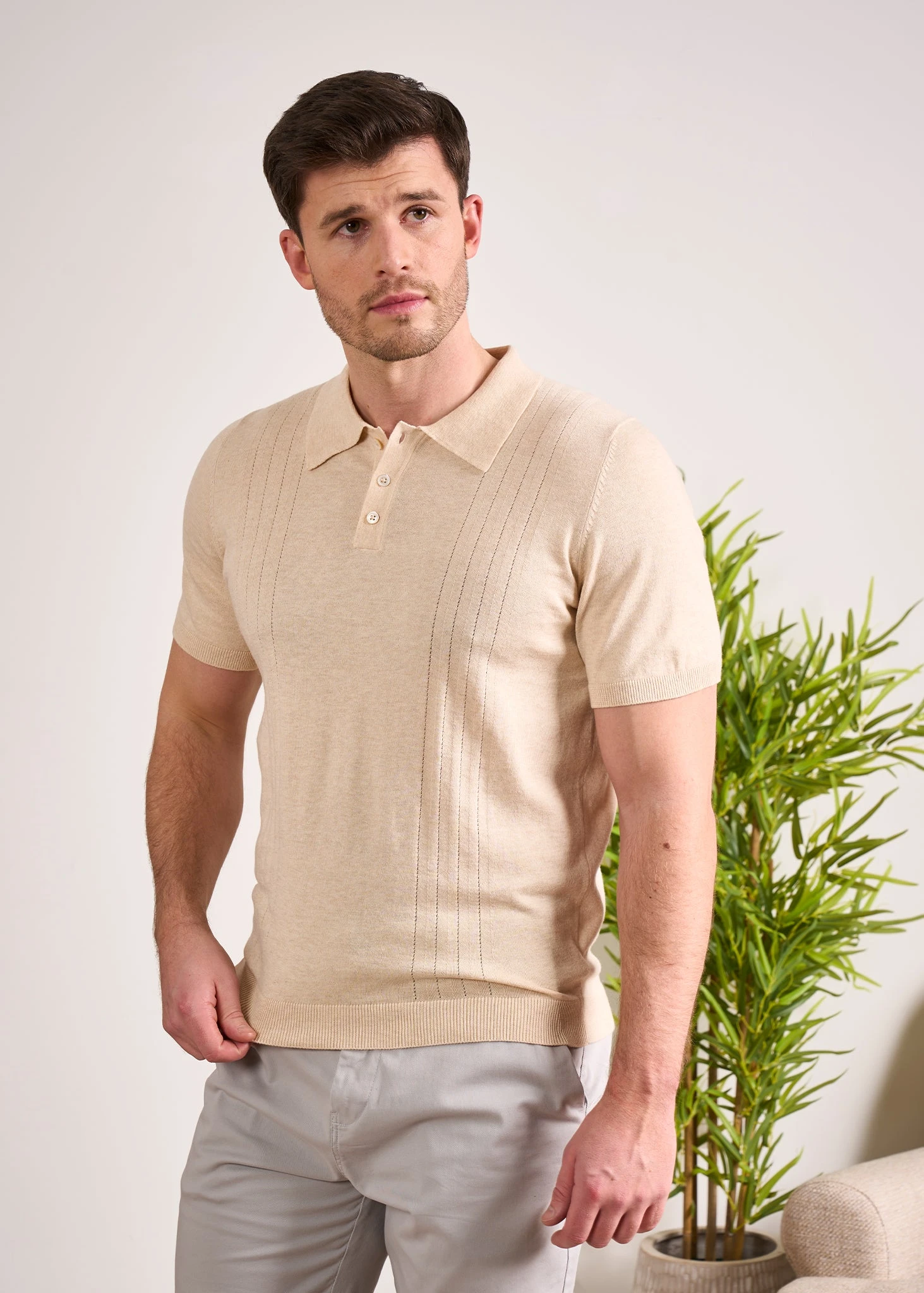 Knighton Luxury Cotton Polo With Pointelle Detail In Sand 4 Knighton Luxury Cotton Polo With Pointelle Detail In Sand - Image 4