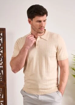 Knighton Luxury Cotton Polo With Pointelle Detail In Sand 9 Knighton Luxury Cotton Polo With Pointelle Detail In Sand -Alan Paine Fashion Store Luxury Cotton Polo Shirt Sand 4
