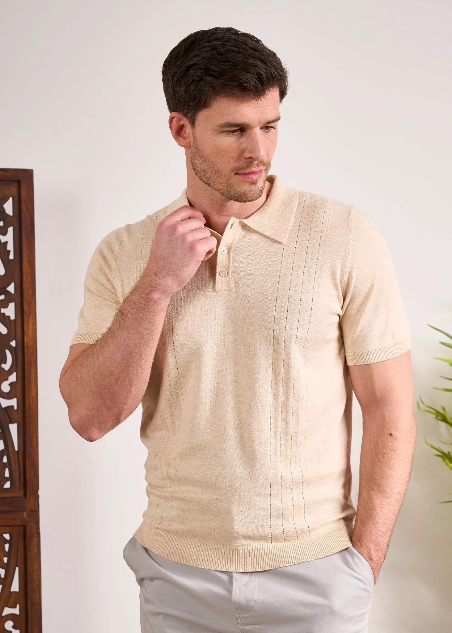 Knighton Luxury Cotton Polo With Pointelle Detail In Sand 5 Knighton Luxury Cotton Polo With Pointelle Detail In Sand - Image 5