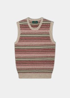 Mae Ladies Luxury Fair Isle Jumper In Porridge And Red