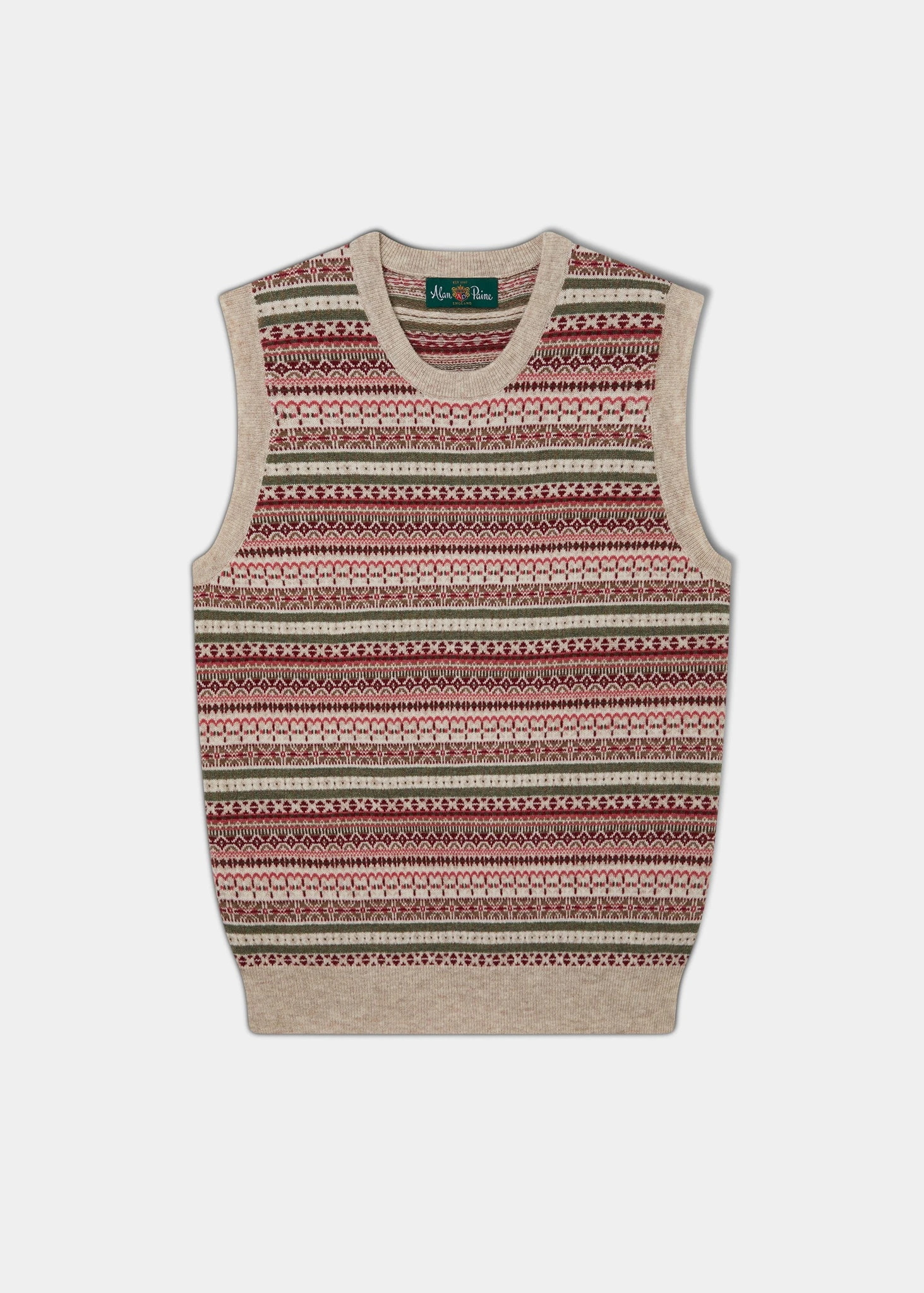 Mae Ladies Luxury Fair Isle Jumper In Porridge And Red 1 Mae Ladies Luxury Fair Isle Jumper In Porridge And Red