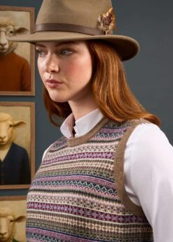 Mae Ladies Luxury Fair Isle Jumper In Porridge And Red 8 Mae Ladies Luxury Fair Isle Jumper In Porridge And Red -Alan Paine Fashion Store Mae Ladies Fair Isle Tank Top Porridge 5