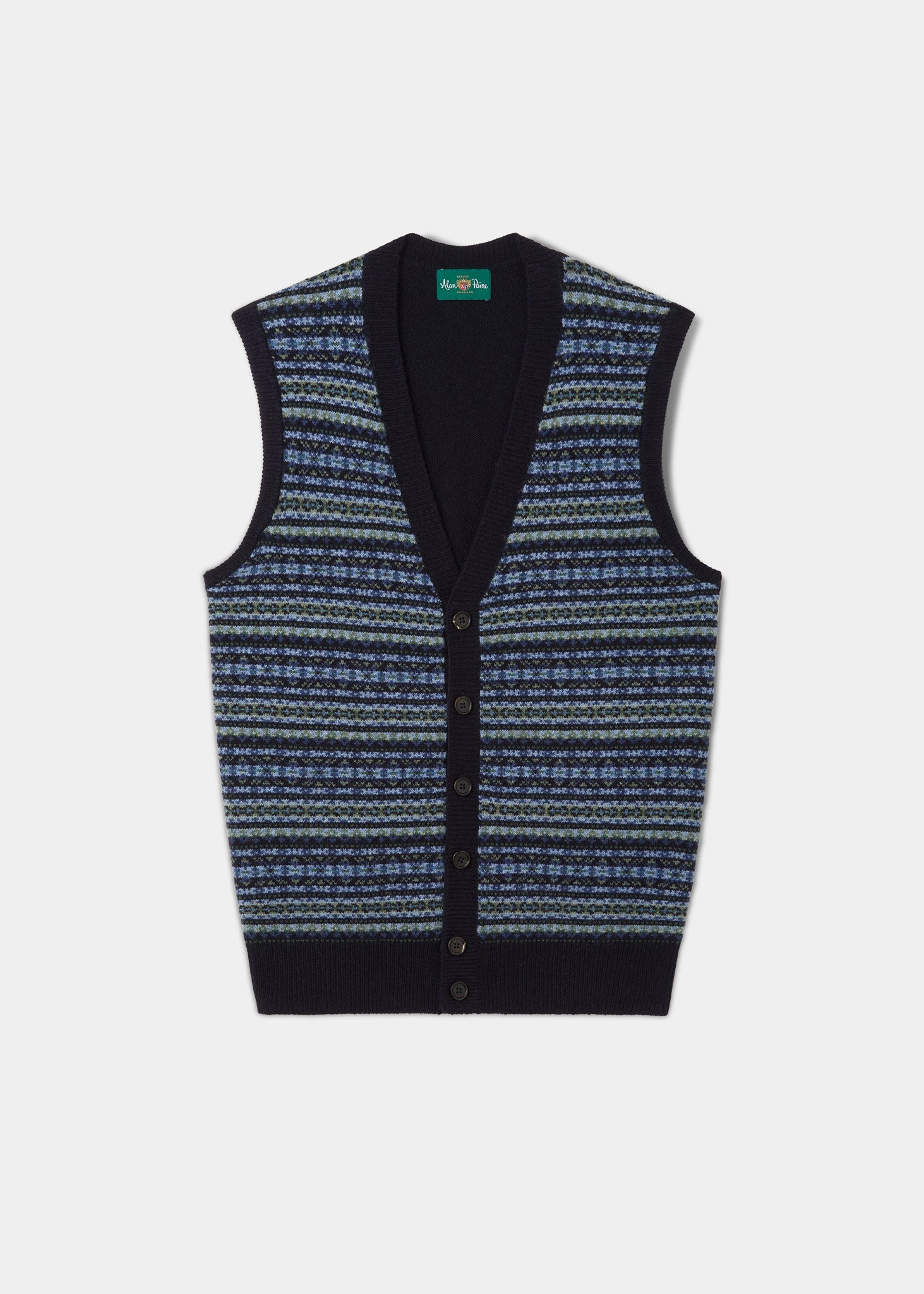 Maywick Men's Lambswool Fair Isle Waistcoat In Navy 1 Maywick Men's Lambswool Fair Isle Waistcoat In Navy