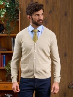 Men's Geelong Lambswool Cardigan In Natural - Classic Fit -Alan Paine Fashion Store Mens Cardigan Natural 2