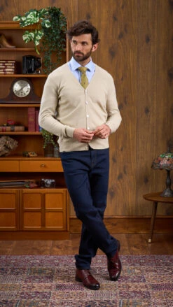 Men's Geelong Lambswool Cardigan In Natural - Classic Fit -Alan Paine Fashion Store Mens Cardigan Natural 3