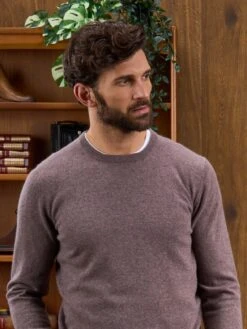 Men's Geelong Lambswool Crew Neck Jumper In Mahogany - Regular Fit -Alan Paine Fashion Store Mens Jumper Crew Neck Brown 2