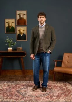 Richmond Men's Knitted Blazer In Olive 8 Richmond Men's Knitted Blazer In Olive -Alan Paine Fashion Store Mens Knitted Blazer Olive 2