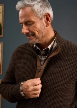 Duchally Men's Waffle Stitch Wool Jacket Cocoa 8 Duchally Men's Waffle Stitch Wool Jacket Cocoa -Alan Paine Fashion Store Mens Lambswool Cable Front Zip Mock Neck Jumper Brown 1 0cafbb5d 8fb7 4384 baa8 a769cb64ae8b