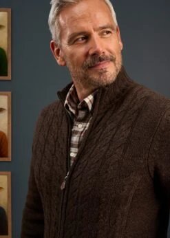 Aberfoyle Men's Lambswool Cable Front Zip Mock Neck In Cocoa 8 Aberfoyle Men's Lambswool Cable Front Zip Mock Neck In Cocoa -Alan Paine Fashion Store Mens Lambswool Cable Front Zip Mock Neck Jumper Brown 1 2d7c2574 05fd 4a45 bbee 573192da3f11