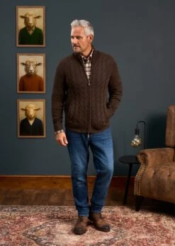 Aberfoyle Men's Lambswool Cable Front Zip Mock Neck In Cocoa 9 Aberfoyle Men's Lambswool Cable Front Zip Mock Neck In Cocoa -Alan Paine Fashion Store Mens Lambswool Cable Front Zip Mock Neck Jumper Brown 2