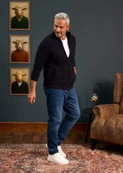 Aberfoyle Men's Lambswool Cable Front Zip Mock Neck In Navy -Alan Paine Fashion Store Mens Lambswool Cable Front Zip Mock Neck Jumper Navy 1 82582aaa cce2 4096 a9d7 2a16b725a27f