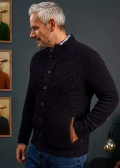 Duchally Men's Waffle Stitch Wool Jacket Navy -Alan Paine Fashion Store Mens Lambswool Cable Front Zip Mock Neck Jumper Navy 1 b2534690 abaf 48a8 98a8 dc93ab9cd012