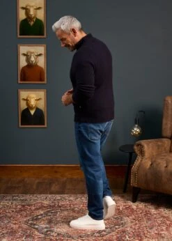 Aberfoyle Men's Lambswool Cable Front Zip Mock Neck In Navy -Alan Paine Fashion Store Mens Lambswool Cable Front Zip Mock Neck Jumper Navy 3