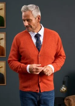 Cornwall Lambswool Cardigan In Ember - Classic Fit 7 Cornwall Lambswool Cardigan In Ember - Classic Fit -Alan Paine Fashion Store Mens Lambswool Cardigan Orange 2