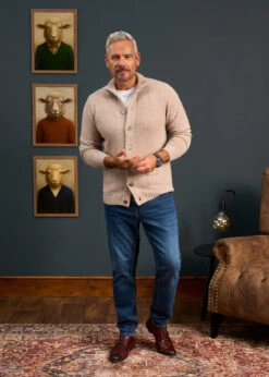 Landford Men's Lambswool Buttoned Jumper In Cobble - Regular Fit -Alan Paine Fashion Store Mens Lambswool Mock Neck Jumper Cream 1