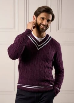 Grafton Men's Merino Wool Cable Cricket Jumper In Black Grape - Regular Fit -Alan Paine Fashion Store Mens Merino Cricket Sweater Purple 4