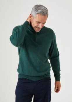 Barton Merino Wool 1/4 Zip Mock Jumper In Hunter - Regular Fit 10 Barton Merino Wool 1/4 Zip Mock Jumper In Hunter - Regular Fit -Alan Paine Fashion Store Mens Merino Wool Half Zip Jumper Hunter 2