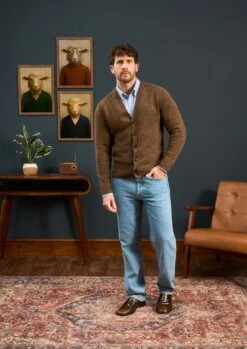 Kinloch Men's Shetland Wool Cardigan In Scots Pine 7 Kinloch Men's Shetland Wool Cardigan In Scots Pine -Alan Paine Fashion Store Mens Shetland Cardigan Brown 1