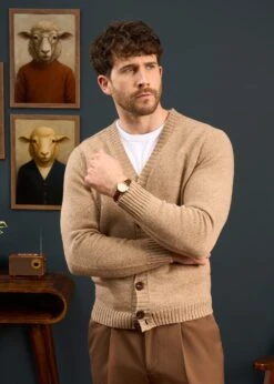 Kinloch Men's Shetland Wool Cardigan In Pale Oak -Alan Paine Fashion Store Mens Shetland Cardigan Cream Brown Oat 1