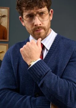 Kinloch Men's Shetland Wool Cardigan In Indigo 7 Kinloch Men's Shetland Wool Cardigan In Indigo -Alan Paine Fashion Store Mens Shetland Wool Cardigan Blue 1