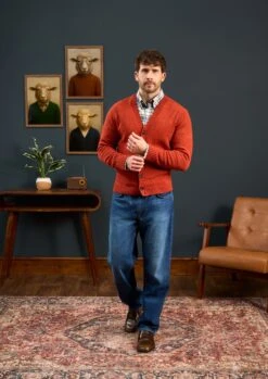 Kinloch Men's Shetland Wool Cardigan In Saffron 7 Kinloch Men's Shetland Wool Cardigan In Saffron -Alan Paine Fashion Store Mens Shetland Wool Cardigan Orange 1