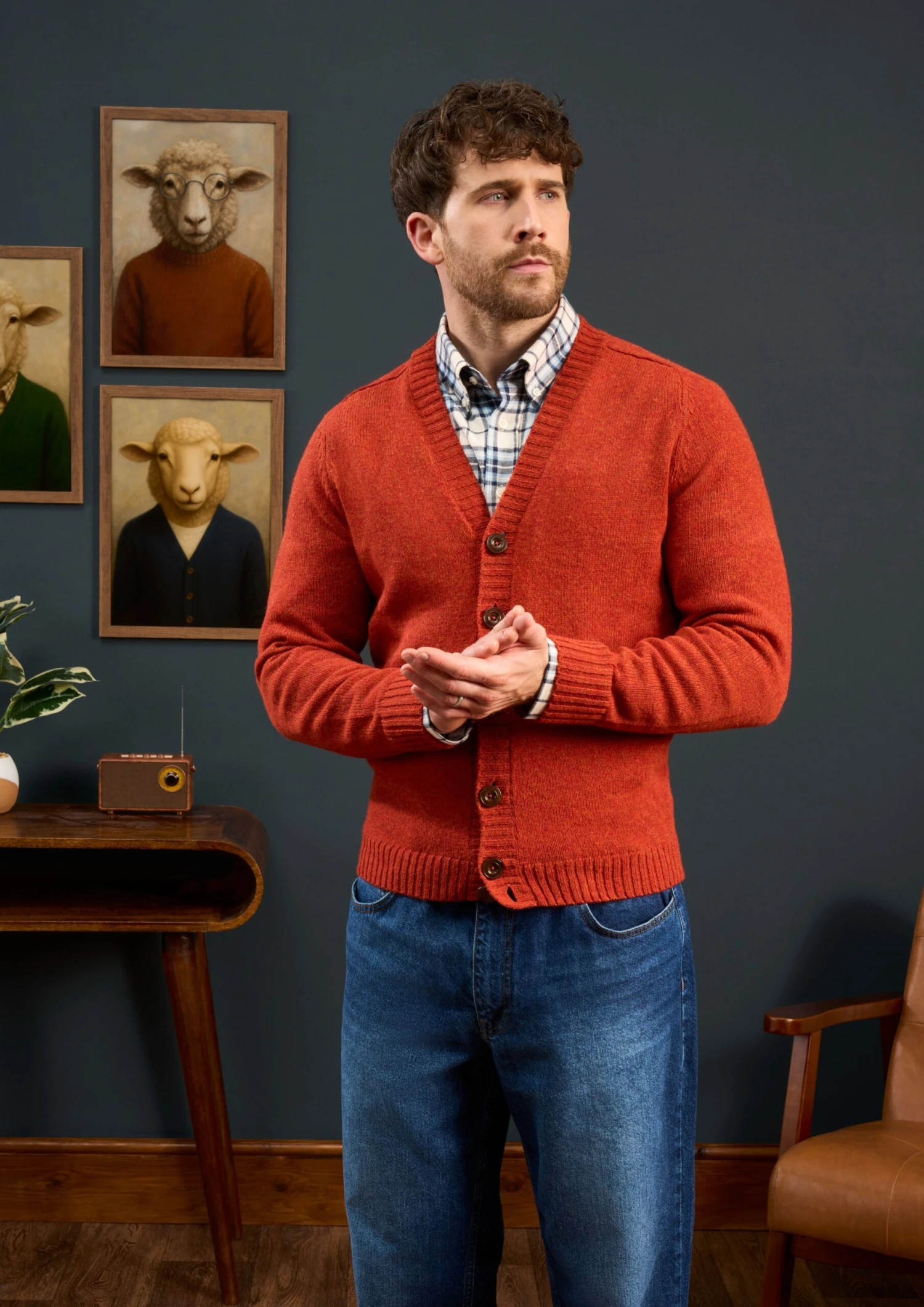 Kinloch Men's Shetland Wool Cardigan In Saffron 2 Kinloch Men's Shetland Wool Cardigan In Saffron - Image 2