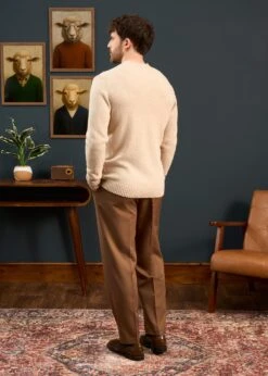 Kinnadie Supersoft Shetland Almond Jumper - Regular Fit -Alan Paine Fashion Store Mens Shetland Wool Jumper In Cream White 3