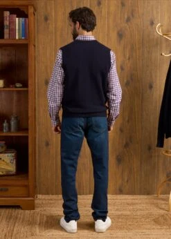 Norfolk Men's Lambswool Slipover In Navy - Classic Fit -Alan Paine Fashion Store Norfolk Lambswool Knitted Slipover Dark Navy 4