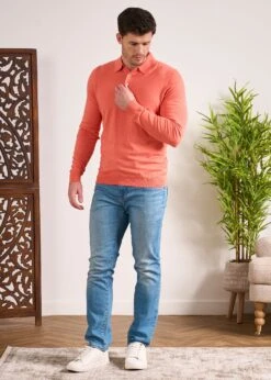 Pentlow Luxury Cotton Long Sleeve Polo Shirt In Coral -Alan Paine Fashion Store Pentlow Luxury Cotton Long Sleeve Polo Coral 2