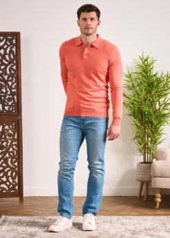Pentlow Luxury Cotton Long Sleeve Polo Shirt In Coral -Alan Paine Fashion Store Pentlow Luxury Cotton Long Sleeve Polo Coral 3