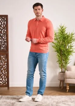 Pentlow Luxury Cotton Long Sleeve Polo Shirt In Coral -Alan Paine Fashion Store Pentlow Luxury Cotton Long Sleeve Polo Coral 4