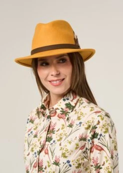 Richmond Ladies Felt Hat With Feather In Mustard -Alan Paine Fashion Store Richmond Ladies Felt Fedora Mustard 1