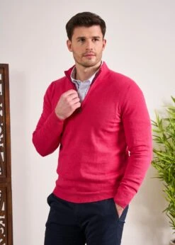 Selhurst Cotton Cashmere 1/4 Zip Jumper In Raspberry -Alan Paine Fashion Store Selhurst Cotton Quarter Zip Jumper Raspberry 3