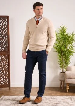 Selhurst Cotton Cashmere 1/4 Zip Jumper In Sand -Alan Paine Fashion Store Selhurst Cotton Quarter Zip Jumper Sand 4