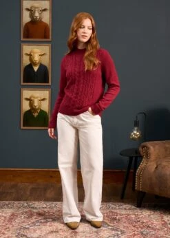 Sienna Ladies Cable Knit Roll Neck In Berry -Alan Paine Fashion Store Sienna Ladies Cable Knit Mock Neck Berry 8