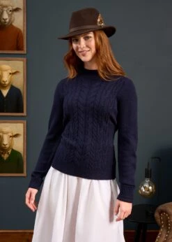 Sienna Ladies Cable Knit Roll Neck In Dark Navy -Alan Paine Fashion Store Sienna Ladies Cable Knit Mock Neck Dark Navy 3