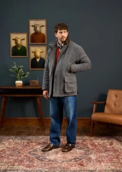 Surrey Waterproof Tweed Coat In Blue Check - Shooting Fit -Alan Paine Fashion Store Surrey Mens Tweed Coat Grey Check 1