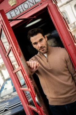 Sutherland Lambswool 1/4 Zip Jumper In Camel - Regular Fit -Alan Paine Fashion Store Sutherland Lambswool Jumper in Camel