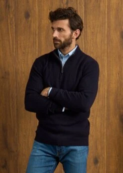 Sutherland Lambswool 1/4 Zip Jumper In Navy - Regular Fit -Alan Paine Fashion Store Sutherland Lambswool Quarter Zip Jumper Navy 2