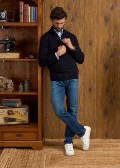 Sutherland Lambswool 1/4 Zip Jumper In Navy - Regular Fit -Alan Paine Fashion Store Sutherland Lambswool Quarter Zip Jumper Navy 3