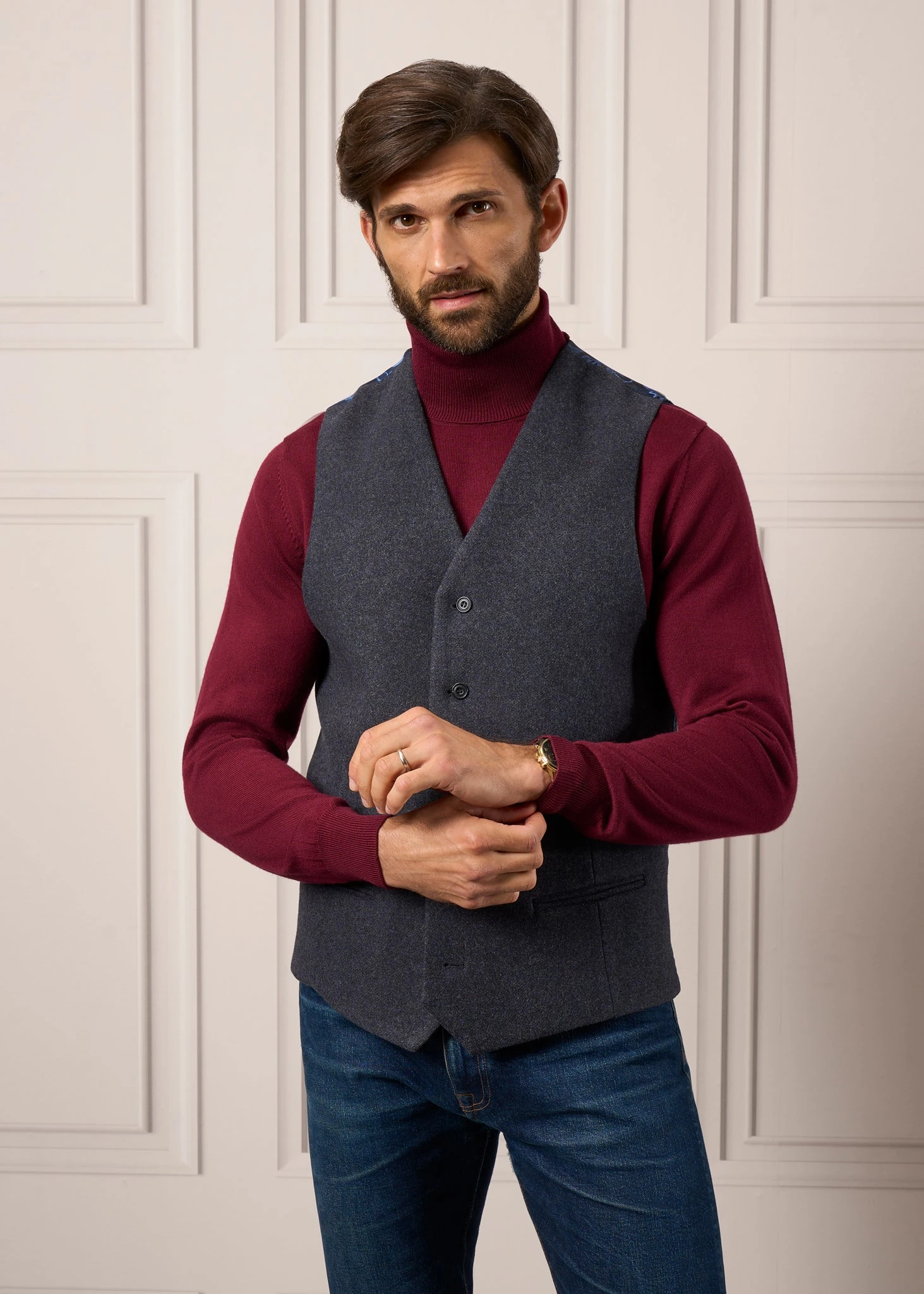 Surrey Men's Tweed Lined Country Waistcoat In Blue - Regular Fit 2 Surrey Men's Tweed Lined Country Waistcoat In Blue - Regular Fit - Image 2