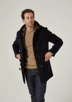 Alcombey Check Back Duffle Coat In Navy -Alan Paine Fashion Store alcombey men s check back duffle caot navy 2