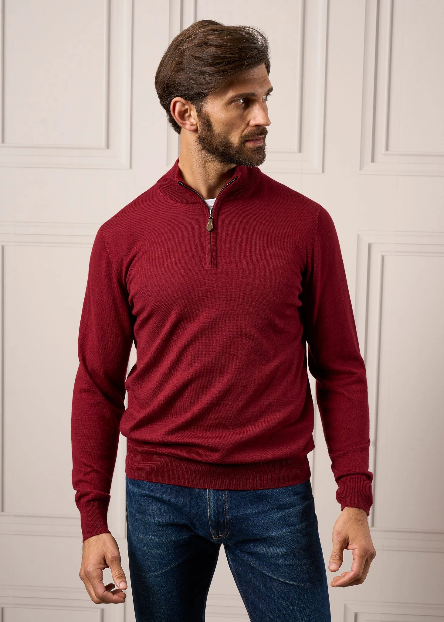 Barton Merino Wool 1/4 Zip Mock Jumper In Bordeaux - Regular Fit 2 Barton Merino Wool 1/4 Zip Mock Jumper In Bordeaux - Regular Fit - Image 2