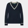 Ladies Cable Knit Cricket Jumper In Dark Navy