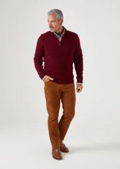 Sutherland Lambswool 1/4 Zip Jumper In Bordeaux - Regular Fit -Alan Paine Fashion Store lambswool quarter zip jumper bordeaux 2