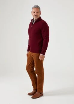Sutherland Lambswool 1/4 Zip Jumper In Bordeaux - Regular Fit -Alan Paine Fashion Store lambswool quarter zip jumper bordeaux 3