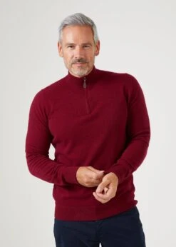 Sutherland Lambswool 1/4 Zip Jumper In Bordeaux - Regular Fit -Alan Paine Fashion Store lambswool quarter zip jumper bordeaux 4